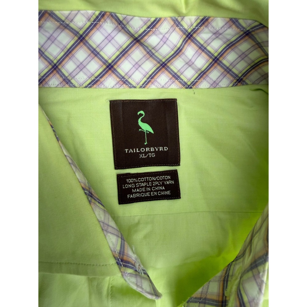 Tailorbyrd Mens XL Lime Green Cotton Plaid Trim Long Sleeve Button Down Shirt